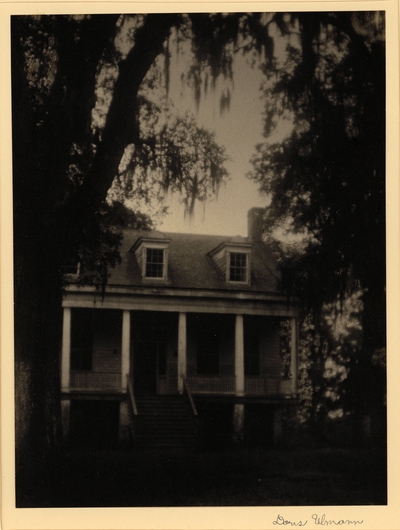 House with porch and columns, with trees and Spanish moss against sky