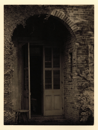 Arched brick doorway with partially open door and vines growing on wall