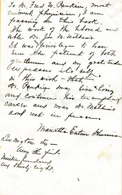 Note from Marietta Entner Shannon to Fred W. Rankin, M.D.                                 which accompanied a book by Dr. Joseph M. Mathews