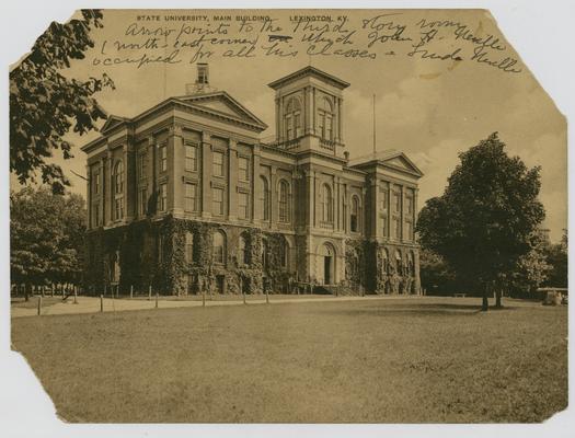 Lexington, Kentucky- State University, Main Building. Arrow points to the third story room (north-east corner) which John H. Neville occupied for all his classes. -Linda Neville