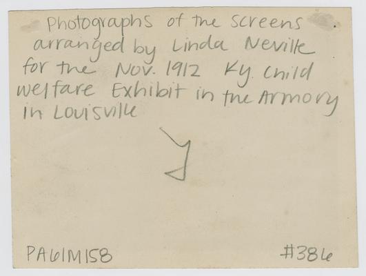 Photographs of screens arranged by Linda Neville for the November 1912 Kentucky Child Welfare Exhibit in the Armory in Lousiville