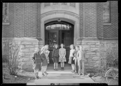 Garth High School; exterior; group of students