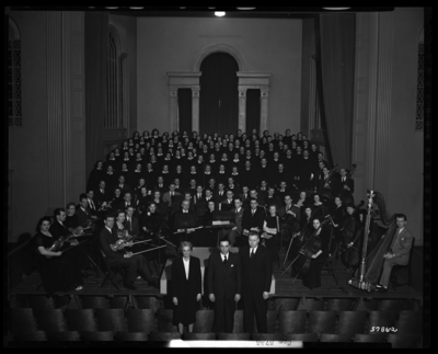 University of Kentucky Orchestra & Mixed Chorus; Requiem;                             group gathered on stage of Memorial Hall