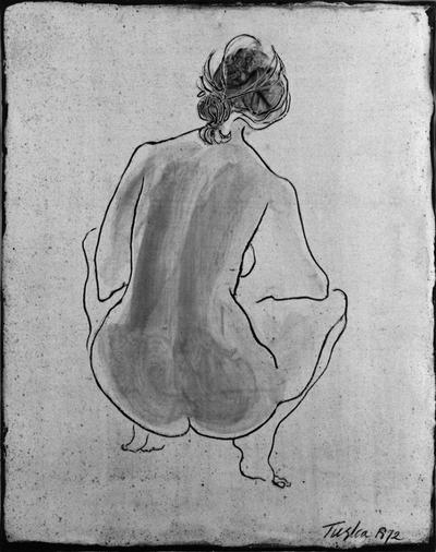 A drawing on a ceramic tile of a woman's back entitled 