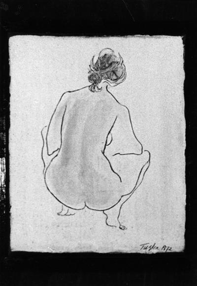 A drawing on a ceramic tile of a woman's back entitled 