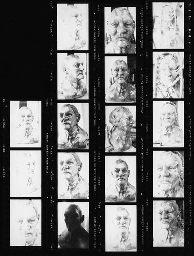 A proof sheet of images of a clay bust study for the John Sherman Cooper bust by John Tuska