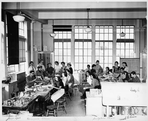 An image of John Tuska and his classmates of the New York High School of Music and Art in ceramics class