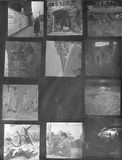 A proof sheet of twelve photographs of landscapes, sailors and a woman with a child, taken by John Tuska while in the Navy