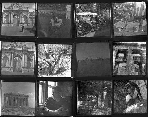 A proof sheet of twelve photographs of various people and landscapes, taken by John Tuska while in the Navy