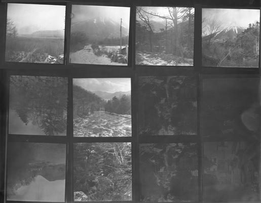 A proof sheet of twelve photographs of landscapes in Japan, taken by John Tuska while in the Navy