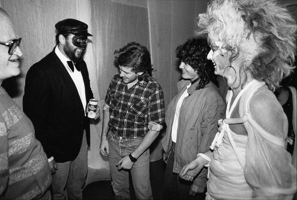 A image of John Tuska and Jack Gron with three unidentified persons at a costume party