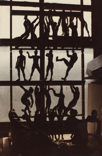 Wood cut sculptures in John Tuska's art studio. The photograph was taken by Ted Bronda