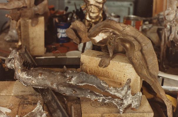 Metal sculptures in John Tuska's art studio. The photograph was taken by Ted Bronda