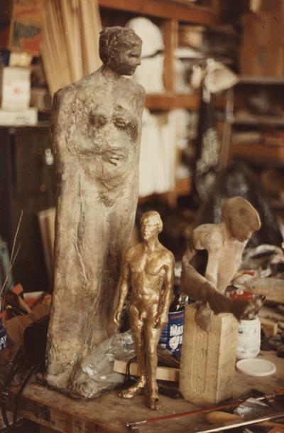 Various different types of sculptures in John Tuska's art studio. The photograph was taken by Ted Bronda