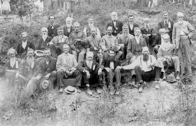 Confederate veterans' reunion at John Thomas Daughaday's farm; near Palmore, Graves Co., KY; typed list of names included: FRONT ROW, L to R: James Murphy, James McNeely, James Karr Holloway (Co. G, 1st Texas Regiment, Infantry, Hood's Brigade), Jerome Willingham, John A. Blackburn, Samuel Theopolis Grace (Co. C, 7th Kentucky Regiment, Mounted Infantry), James Adams, John Thomas Daughaday, 